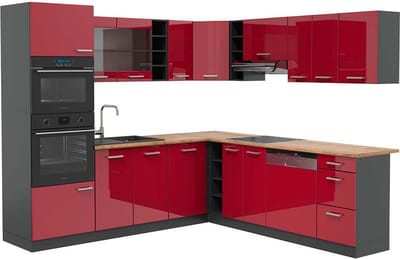 Vicco Hoekkeuken R-Line, Rode hoogglans/Antraciet, 247 x 237 cm, WB Eik