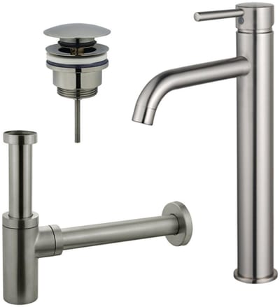 FugaFlow Eccelente Sobrado Badkamer Wastafelkraanset - verhoogde wastafelkraan - klikwaste plug - design sifon - PVD Geborsteld RVS
