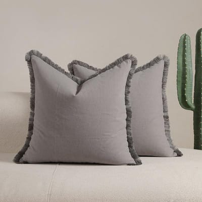 Sierkussens met franjes - Decoratieve kussens - Woonkamer verfraaien - Gewassen katoen - 45 x 45 cm - Grijs