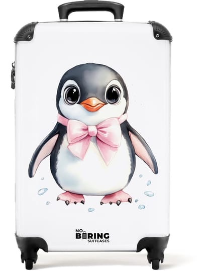 NoBoringSuitcases.com® - Kinderkoffer meisje - Kindertrolley meisjes - Pinguïn met roze strik en ijsdruppels - Handbagage koffer lichtgewicht - Reiskoffer trolley kinderen - Rolkoffer met wieltjes - Past binnen 55x40x20 en 55x35x25
