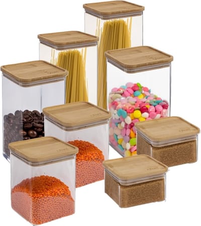 5Five - Voedsel/keuken voorraadpotten set - 8x stuks - kunststof en bamboe - in 4 formaten