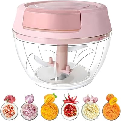 carmdering - Multihakker - Hakmolen handmatig - groentehakker -Uiensnijder - handmatig - groentesnijder met roestvrijstalen messen - extra 1 mixer - uien hakmolen - multihakmolen met trekkoord - roze - 500 ml