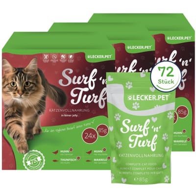 72 x 85 g Lecker.Pet® Surf'n'Turf Pouches kattenvoer in fijne gelei natvoer - 4 soorten multipack