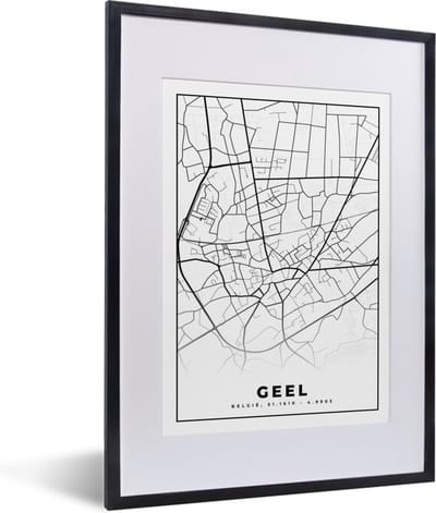 Fotolijst incl. Poster Zwart Wit- België – Geel – Stadskaart – Kaart – Zwart Wit – Plattegrond - 30x40 cm - Posterlijst