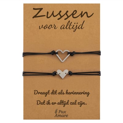 Vriendschapsarmbandjes voor 2 "Zussen voor altijd" - Hartjes - Sisters Armbandjes met Cadeau Kaartje - Zilverkleurig - Elastisch Verstelbaar - Pax Amare