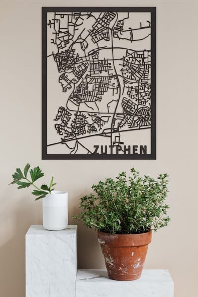 Houten Stadskaart Zutphen Zwart Mdf 50x70cm Wanddecoratie Voor Aan De Muur City Shapes