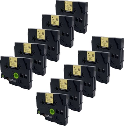 DULA Brother Compatible label tape- Tze-821 - 10 cassettes - Brother P-Touch - Zwart op goud - 9mm x 8m