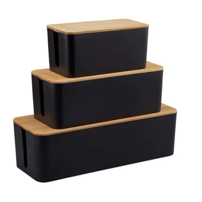 BUDDLEY Kabelbox Zwart Bamboe (SET) - Kabeldoos - Kabel Opbergbox Stekkerdoos - Kabel Management onder bureau - Kabel Organiser Bureau - Kabel Organiser - Kabelbox Stekkerdoos - CableBox - Kabel Doos - Kabelbox voor snoeren wegwerken