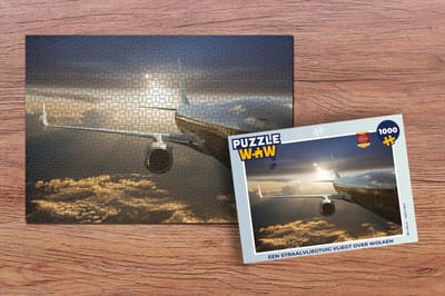 Puzzel Een straalvliegtuig vliegt over wolken - Legpuzzel - Puzzel 1000 stukjes volwassenen