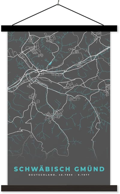 Posterhanger incl. Poster 60x90 cm - Schoolplaat - Schwäbisch Gmünd – Stadskaart – Blauw – Plattegrond – Stadskaart – Kaart - Duitsland - Textielposter - Zwarte latten - Stadskaart