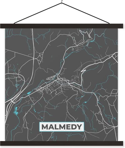 Posterhanger incl. Poster 60x60 cm - Schoolplaat - Plattegrond – Malmedy – Blauw – Stadskaart - Kaart - België - Textielposter - Zwarte latten - Stadskaart