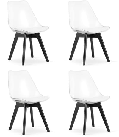 Set van 4 Stoelen MARK – Transparant, Zwarte Poten, Kunststof Zitting met Kunstlederen Kussen, Strak Design, Ergonomisch, Geschikt voor Keuken, Eetkamer, Kantine en Werkruimte, Max. 120 kg