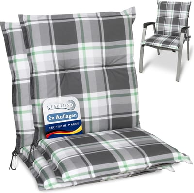Beautissu Sunny MK – Set van 2 Tuinkussens Lage Rug 100x50 cm met UV-lichtechtheid Comfortabele Tuinstoel Zitkussen Mintgroen geruit