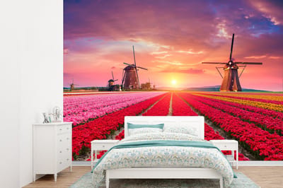 Behang - Fotobehang Bloemen - Windmolen - Tulpen - Zonsondergang - Roze - Breedte 330 cm x hoogte 240 cm