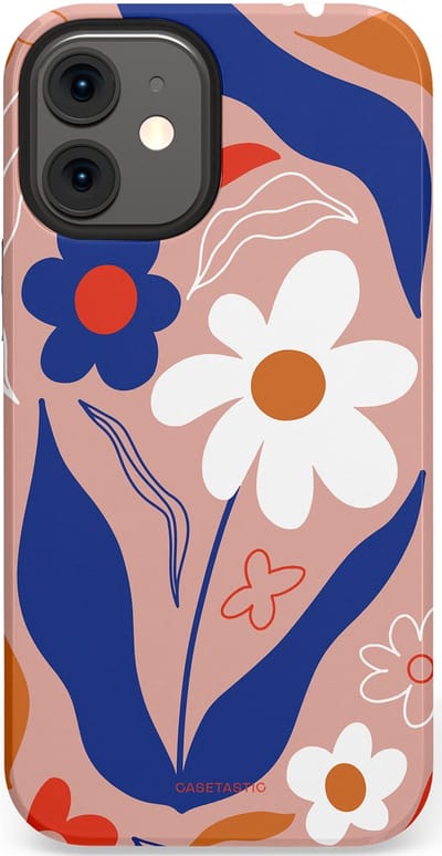 Casetastic hoesje geschikt voor Apple iPhone 12 Mini - Dubbellaagse bescherming - Eenvoud in bloei - Fashion Case - Perzik Donkerblauw Wit