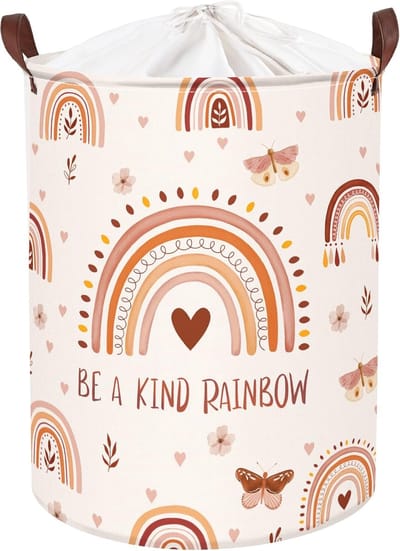 Famanu - Boho roze regenboog kinderwasmand 63L met deksel 40x50cm