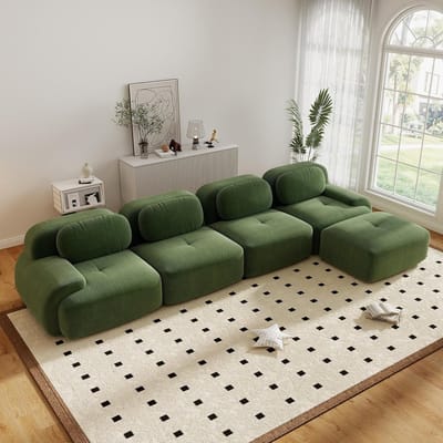Moderne Hoekbank, L-Bank, 4-Zitsbank, Moderne 388 cm Brede, Converteerbare Hoekbank met Voetenbank, L-vormige Modulaire Corduroy Bank, Compacte Bank voor 4-6 Personen voor de Woonkamer, Extra Diepe Zitting, Geen Montage Nodig-Groente