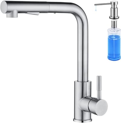 CECIPA Max Keuken kraan - Keukenkraan Met Uittrekbare Uitloop - Met Zeepdispenser 300ML - Uittrekbare keukenmengkraan met 2 straalsoorten - Spoelmengkraan - 360° draaibaar Keukenmengkraan - Zilver