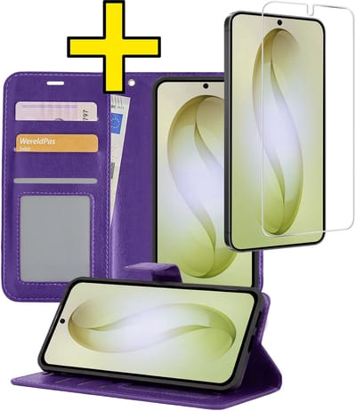 Hoesje - Met Screenprotector - Geschikt voor Samsung Galaxy S26 - Luxe Pasjeshouder - Bookcase Portemonee - Flip Case - Kunstleer Book Case - Flipcase - Book Cover - Walletcase - Portemonneehoes - Telefoonhoesjes - Paars