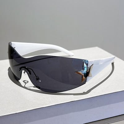 Klassieke Punk Designer Stijl Stijl Y2K Randloze Zonnebril Bril Dames Ster Zonnebril Voor Mannen UV400 Sportbril Eén Stuk Trending Tinten white