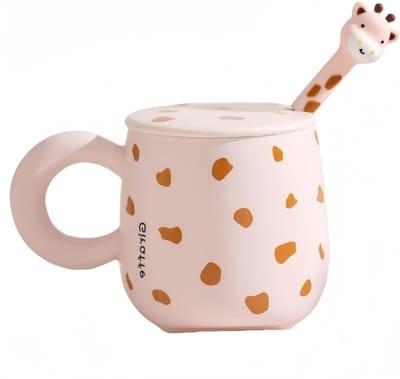 Keramische mok 400 ml met deksel en lepel, schattig giraffe design, perfect cadeau voor kinderen en volwassenen, blauw, roze, geel