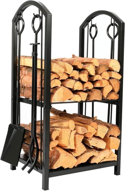 Brandhout Rek - Houthouder Opslag - Haard Gebruik - Inclusief 4 Gereedschap - 31x15x5 cm - Zwart
