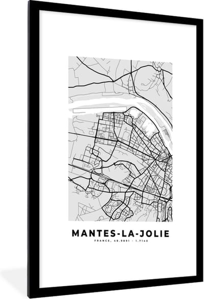 Fotolijst incl. Poster - Mantes-la-Jolie – Plattegrond – Frankrijk – Kaart – Stadskaart - 60x90 cm - Posterlijst