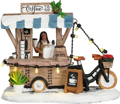 Luville Kerstdorp Miniatuur Coffee to go - Kerstversiering met Verlichte Koffiekraam - Guirlande voor Winters Kerstdorp - Kerstslingers met Verkoopster Detail - L13,5 x B8 x H11 cm - Meerkleurig