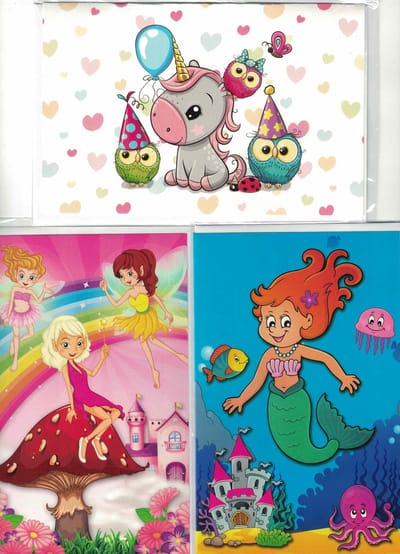 Blanco wenskaarten - kinderen - meisjes - Unicorn - elfjes - zeemeermin - 3 kaarten- wenskaart