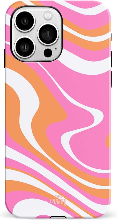 xoxo Wildhearts Chasing Sunsets - Double Layer - Hoesje geschikt voor iPhone 13 Pro case - Siliconen hoesje met golvenprint - Golven - Hardcover - Beschermhoes - Optimale bescherming - Beige - Oranje - Roze