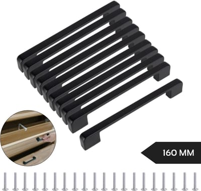 Handgreep Zwart - Set van 10 - Metaal - Aluminium - 160mm Hartafstand - Handvat voor Kast, Keukenkast, Lade en Meubels - Afgerond Moderne Greep Inclusief Schroeven - Keukengreep - Meubelgreep - Kastgreep