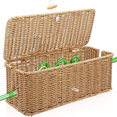 Kabelmanagementbox van rotan met deksel, 33 x 13,5 x 13 cm, stijlvolle kabelopbergbox voor bureau, georganiseerd kabelbeheer, stopcontacten en bureau-organizer