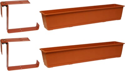 Set van 4 kunststof plantenbakken terracotta rechthoekig 80 cm met 8 verstelbare railing beugels
