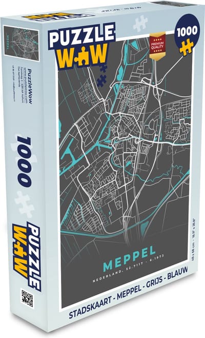 Puzzel Stadskaart - Meppel - Grijs - Blauw - Legpuzzel - Puzzel 1000 stukjes volwassenen - Plattegrond