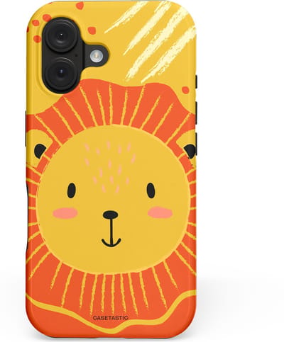 Casetastic hoesje geschikt voor Apple iPhone 16 - MagSafe - Dubbellaagse bescherming - Vrolijke leeuw - Fashion Case - Goud Rood Oranje