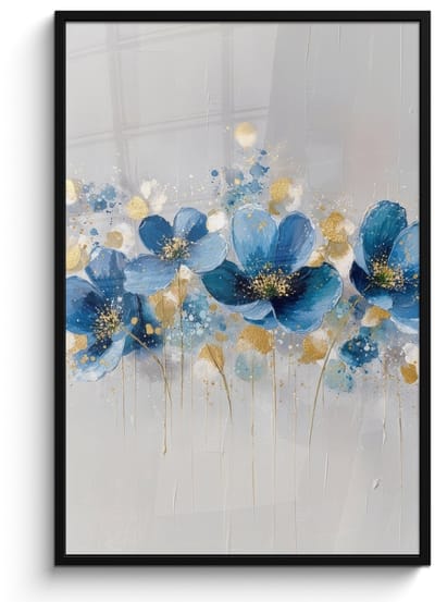Poster in lijst - Fotolijst 80x120 cm - Posters - Bloemen - Blauw - Abstract - Posterlijst zwart - Decoratie - Wanddecoratie woonkamer - Muurdecoratie slaapkamer