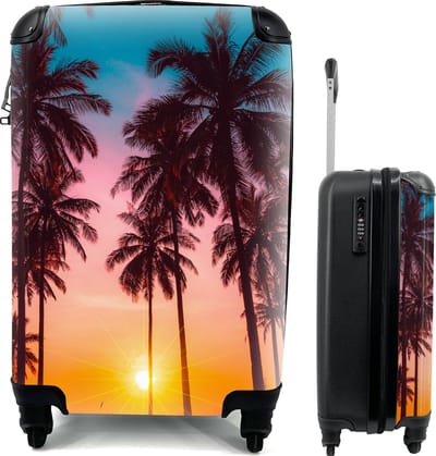 MuchoWow® Koffer - Palmboom - Zonsondergang - Horizon - Strand - Oranje - Roze - Past binnen 55x40x20 cm en 55x35x25 cm - Handbagage - Trolley - Cabin Size - Print