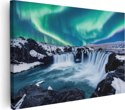 Artaza Canvas Schilderij Waterval - 30x20 cm - Klein - Wanddecoratie Noorderlicht - Muurdecoratie Bergen - Kamer Accessoires Winterlandschap
