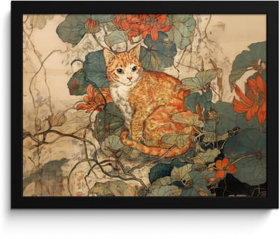 Poster in lijst - Fotolijst 40x30 cm - Posters - Kat - Sierlijk - Bloemen - Posterlijst zwart - Decoratie - Wanddecoratie woonkamer - Muurdecoratie slaapkamer