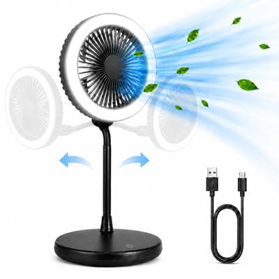 Tafelventilator met LED Licht - Bureauventilator met Verlichting - 3 Snelheden - Statief Ventilator met Flexibele Kop - Fan with LED Light - Mini Fan - Ventilator Staand met Draad - Desk Ventilator - Kleine Airco Verkoeler - Zwart - Silvergear