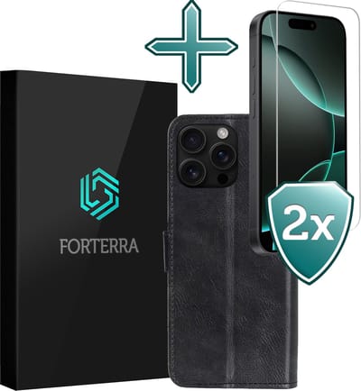Hoesje Met 2x Screenprotector - Geschikt voor Apple iPhone 16 Pro - Luxe Pasjeshouder - Flip Case - Bookcase Portemonee - Kunstleer Book Case - Flipcase Hoes - Book Cover - Walletcase - Portemonneehoes - Zwart