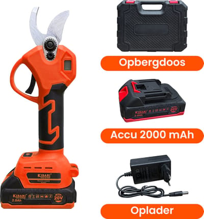 Kibani Accu Takkenschaar 21V - Met 2000 mAh accu - Inclusief opbergdoos - Bloemen- en Heggenschaar - Elektrisch - Tot 30 mm snoeien - Compacte snoeischaar