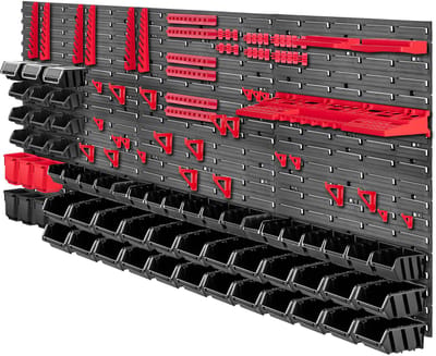 KADAX Gereedschapswandrek, groot, 174 x 78 cm, opslagsysteem van robuust kunststof, uv-bestendig modulesysteem, uitbreidbare wandplaten, werkplaatsrek voor garage (rood en zwart, 150 stuks)