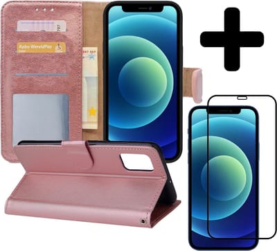 Hoesje - Met Screenprotector - Geschikt voor Apple iPhone 12 Mini - Luxe Pasjeshouder - Flipcase - Bookcase Portemonee - Flip Case - Kunstleer Book Case - Book Cover - Walletcase - Portemonneehoes - Telefoonhoes - Rosé goud