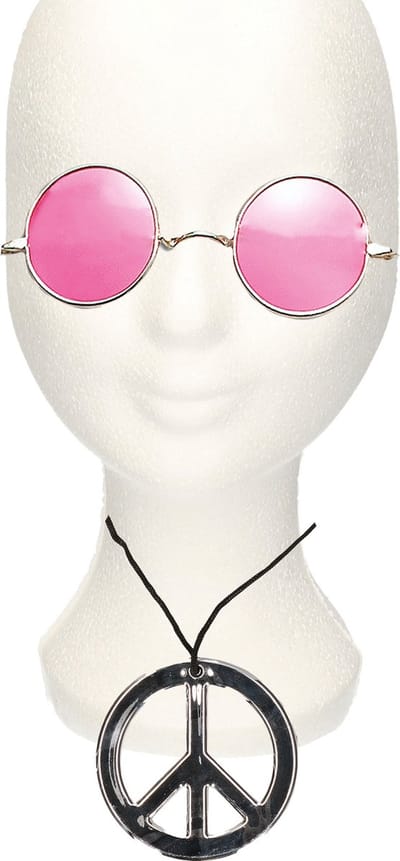 Smiffys Hippie Flower Power verkleed set - peace ketting - en ronde glazen party bril - roze - volwassenen