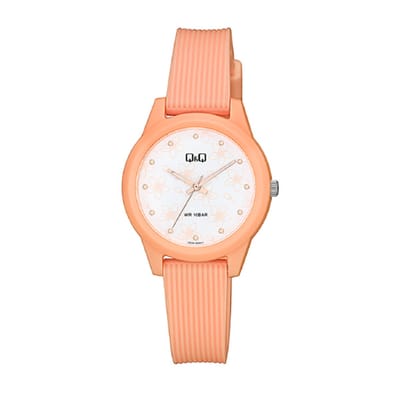 Q&Q V01A-002VY - Horloge - Sport - Analoog - Dames - Vrouwen - Plastic band - Rond - Kunststof - Bloemetjes - Zalmroze - Wit - 10 ATM