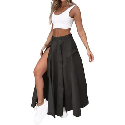 Dames Ronde Hals Vest Elegante Dames Top Rok Set met Hoge Taille Split Maxi Rok Mouwloze Crop Top Riem Effen Kleur M zwart