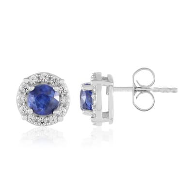 Cavill - 925 Sterling Zilver Geplatineerde Oorbellen - Nepal Blauwe Kyaniet 1,145 ct & Cambodjaanse Zirkonia 0,505 ct - Elegant Rond 9 mm