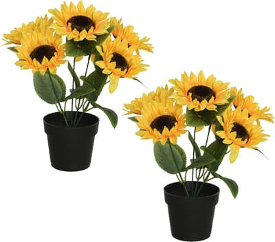 Everlands kunst zonnebloemen in pot - 2x stuks - 25 x 25 x 28 - geel