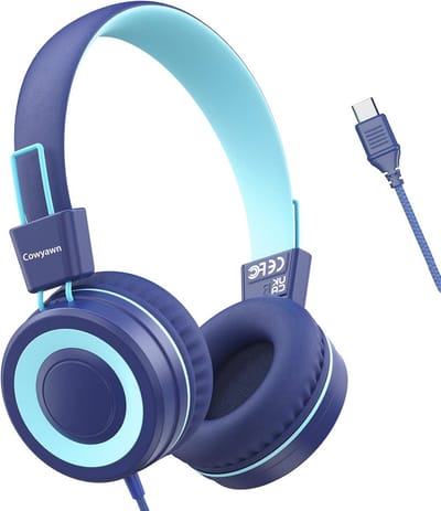 Cowyawn Kids Headphones, Upgrade USB Type C Kids Headphones for School, 94dB Volume Limit Wired On-Ear Headset for Kids/Toddlers/Kids/Teens/Boys/Girls, Blue